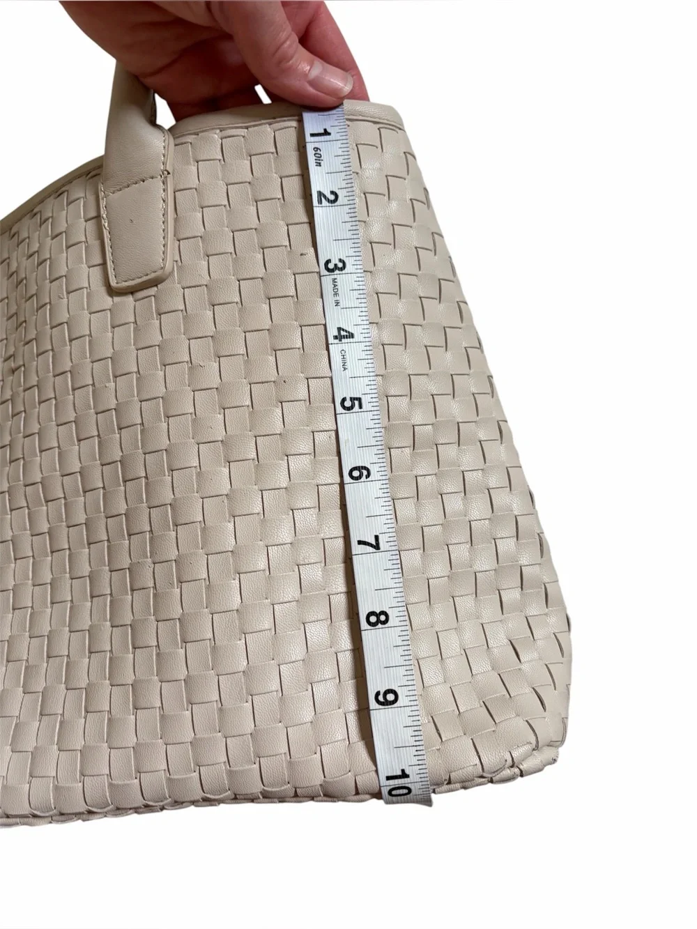 Lulu Dharma Cream Vegan Faux Leather Woven Texture Large Tote Shoulder Bag